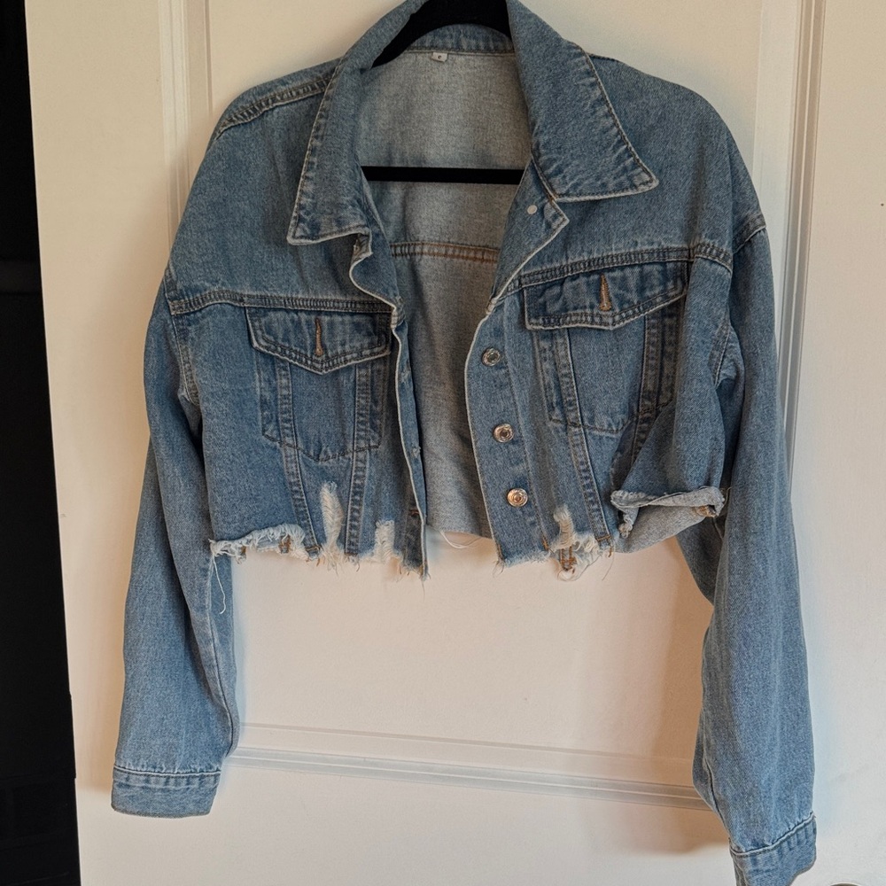 Cropped Distressed Blue Denim Jacket